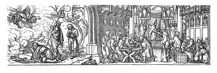 Woodcut, "true and false absolution from sins", against the catholic practice of indulgence, XVI century
