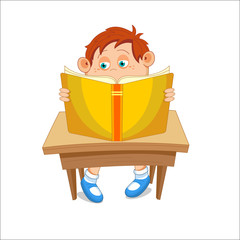 Obraz na płótnie Canvas Kid, reading open book, sitting at the table, vector illustratio