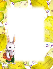 Autumn frame - school rabbit animal, yellow leaves. Watercolor