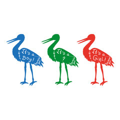 Silhouettes of storks - baby born lettering - girl or boy - vector set.