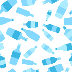 Blue and cyan bottles in flat style. Vector seamless pattern.