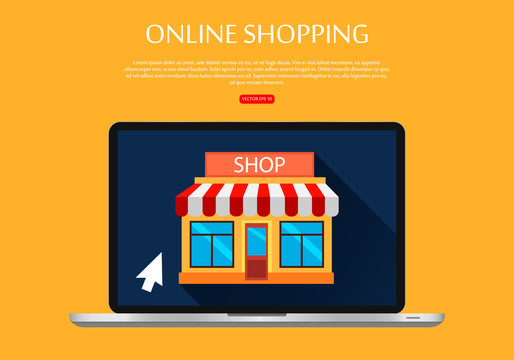 Online Shopping with computer, vector illustration.