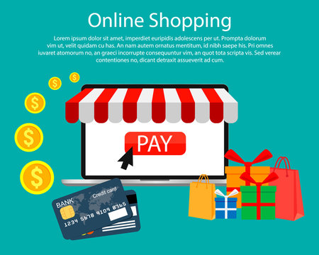 E-commerce, pay and online shopping concept. Place for text. Vector illustration.
