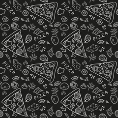 Pizza ingredients - black board seamless pattern