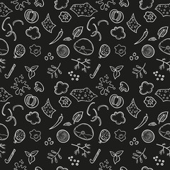 Seamless pizza ingredients pattern. Vector endless design.