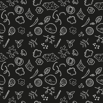 Seamless pizza ingredients pattern. Vector endless design.