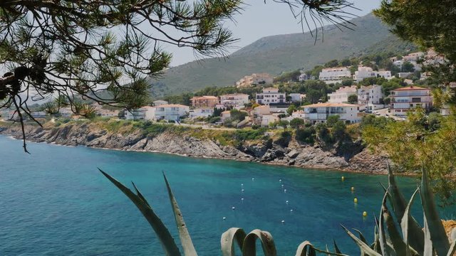 Crane shot: Beautiful Mediterranean resort in Spain, the sea and the coast of the town of Cadaques