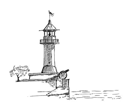 Vector lighthouse illustration. Hand drawn ink picture of beacon