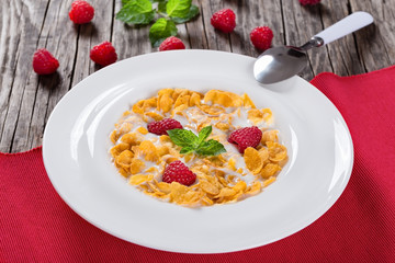 crispy corn flakes with raspberry and milk, close-up
