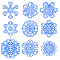 Set of Blue Snowflakes Isolated on White Background