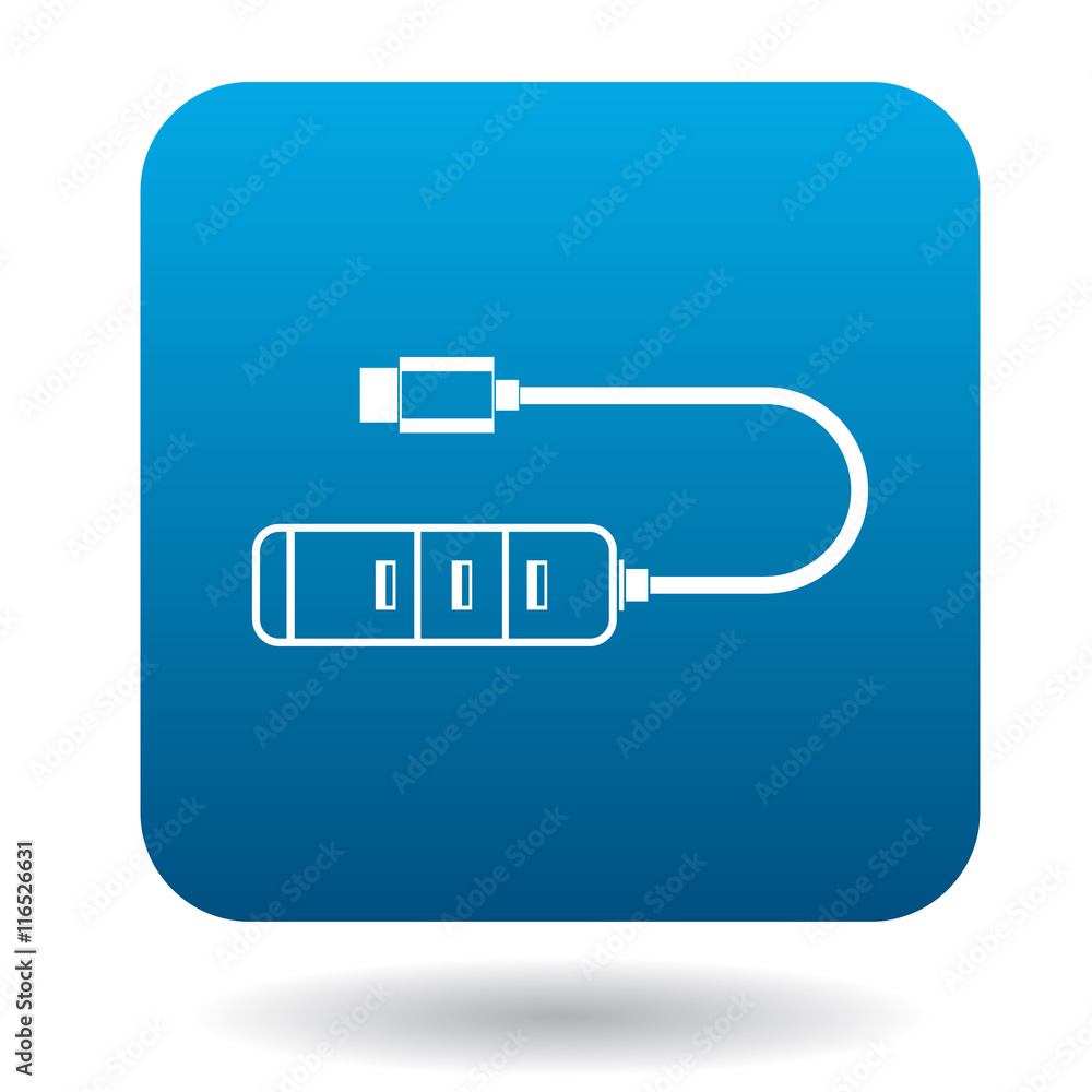 Poster usb hub icon in simple style in blue square. connection symbol