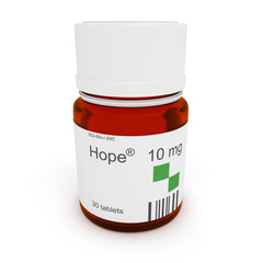 Pill bottle: Hope, 10 mg, 3d illustration