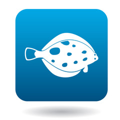 Flounder fish icon in simple style in blue square. Animals symbol