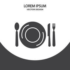 Plate, fork, spoon and knife icon on the background