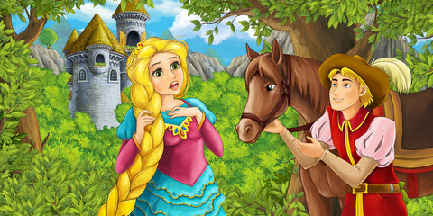 Obraz na płótnie Canvas Cartoon fairy tale scene with castle tower - princess in the forest - beautiful manga girl - castle tower in the background - title page - illustration for children