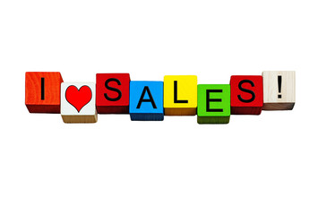 I Love Sales sign, for shopping bargains & deals. Isolated.