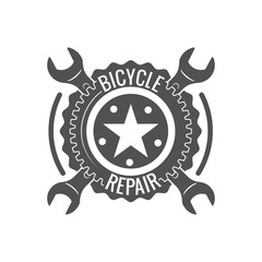 Fototapeta premium Vintage bike repair logo badges and labels. Cycle wheel isolated vector. Old style bicycle shop and repair logotypes