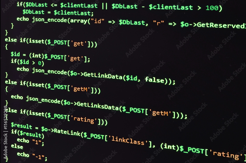 Poster programming code on black screen, green text