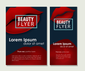 Makeup offer with sexy red vector lips. Beauty business card set.