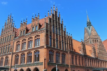 Market church and old town hall in gothic style in Hanover, North Germany. The Evangelical Lutheran Church St. Georgii et Jacobi is a landmark of the city.