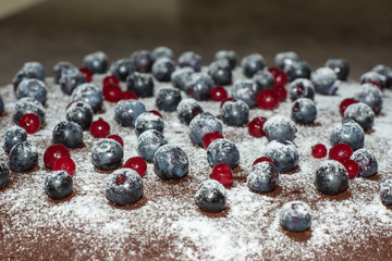 Chocolate cake with blueberries close up