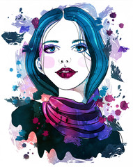 Obraz premium Portrait of beautiful girl with blue hair on abstract watercolor background. Fashion illustration. Print for T-shirt