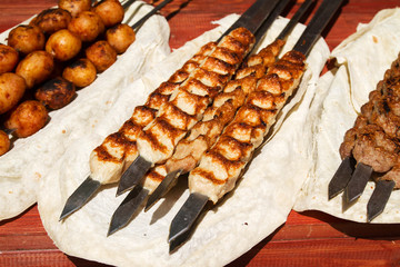 Chicken kebabs. Street food