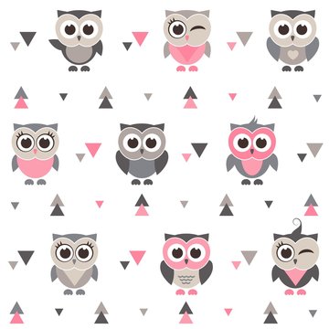 Pattern with owls, owlets and triangles