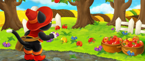 Obraz na płótnie Canvas Cartoon scene with noble cat traveler visiting apple garden during beautiful day - illustration for children