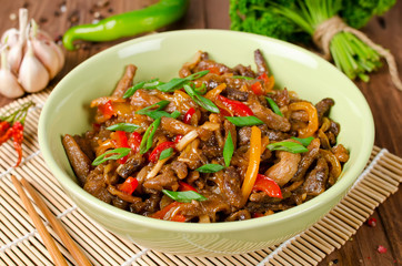 Stir fry pork, sweet peppers, onions and garlic