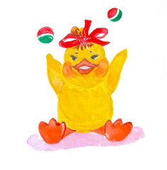 Cute handdrawn chick. Watercolor funny baby chicken.  Juggling chick