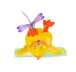 Cute handdrawn chick. Watercolor funny baby chicken.