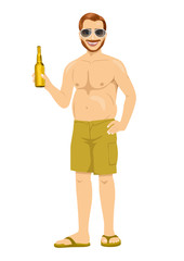 Obese man with big belly holding a bottle of beer