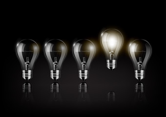 Glowing light bulb is among a lot of turned off light bulbs on black background , concept idea , Transparent Vector