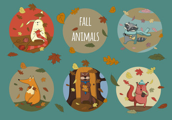 set of fall cute animals