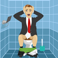 man in business suit sitting on toilet seat upset and shocked noticing that roll without paper