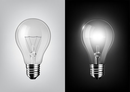 turned off light bulb and glowing light bulb on black and white background , Transparent vector