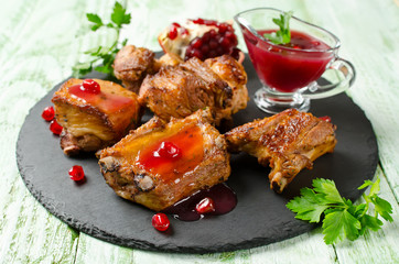 Grilled pork ribs on skewers. Barbecuing lunch