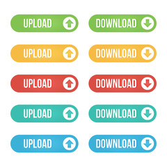 Colorful upload and download flat design web button set, collection isolated on white background.