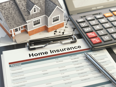 Home insurance form, house, calculator and binders,