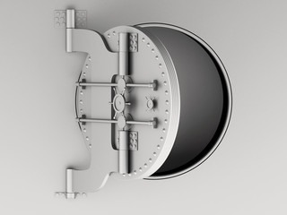 3d Metallic bank vault door open.