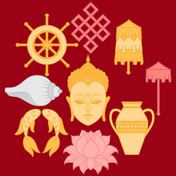 Buddhist symbolism, The 8 Auspicious Symbols of Buddhism, Right-coiled White Conch, Precious Umbrella, Victory Banner, Golden Fish, Dharma Wheel, Auspicious Drawing, Lotus Flower, Vase of Treasure