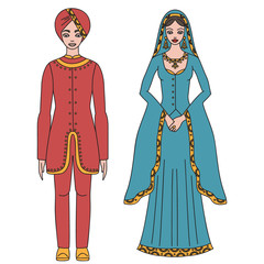 Traditional turkish clothing, national middle east cloth, man and woman sultan costume isolated, turkish dress