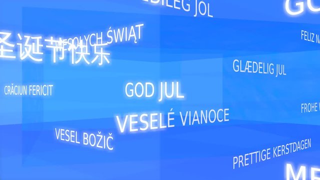 Merry christmas, multilingual - blue variant, loop able, 3D rendering, UHD