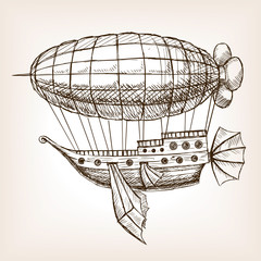 Naklejka premium Steampunk mechanical flying airship sketch vector