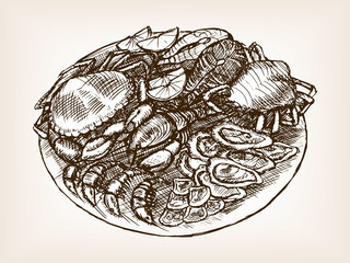 Seafood still life hand drawn sketch style vector
