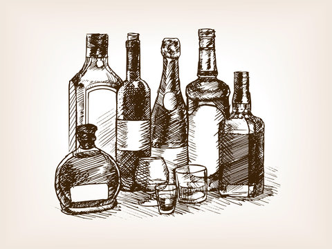 Bottles of alcohol drinks hand drawn sketch vector