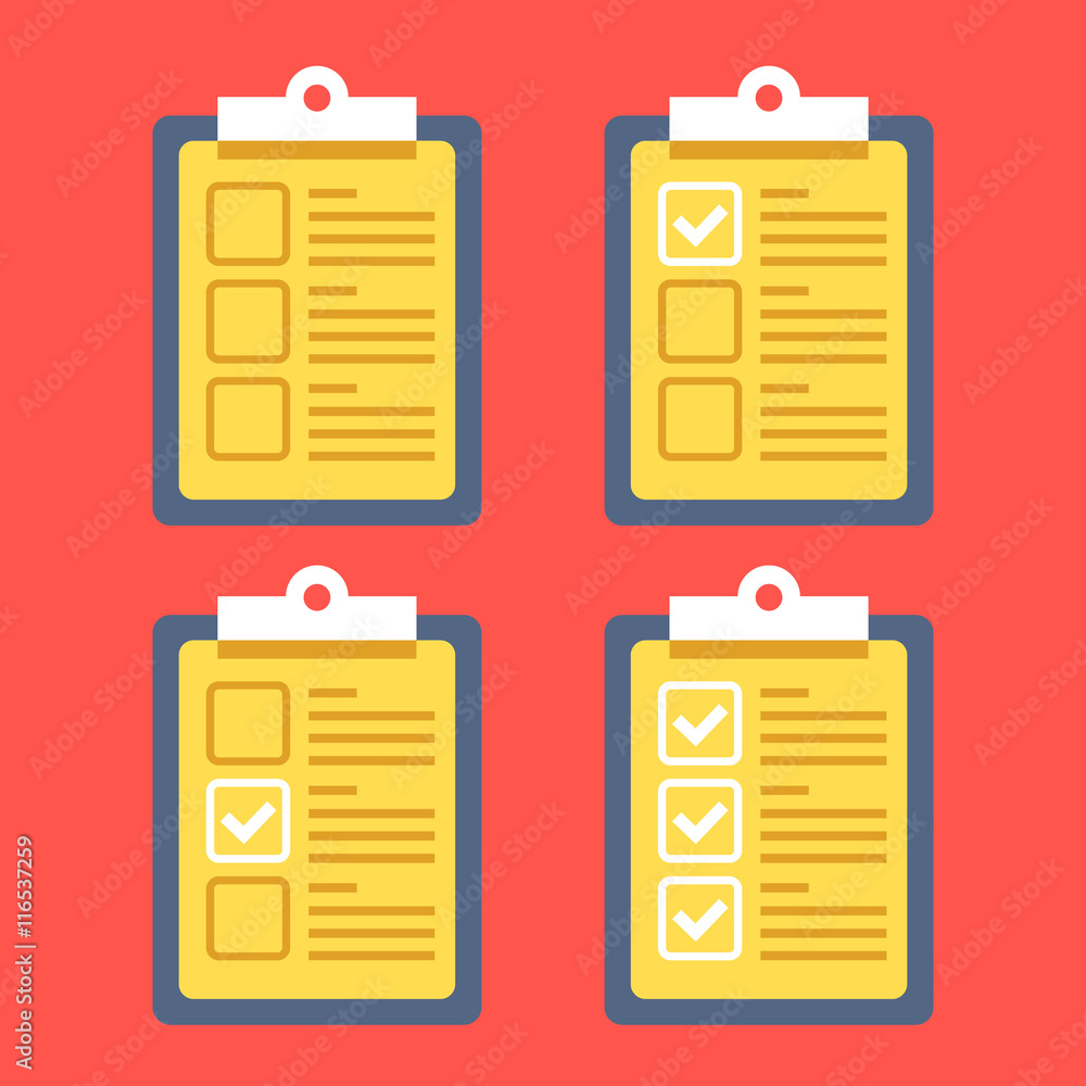 Aufkleber clipboards and check marks set. flat design vector illustration isolated on red background