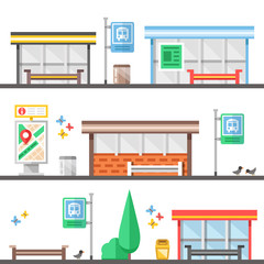 Bus stops, outdoor and city elements set. Modern flat design concepts. Creative vector illustration