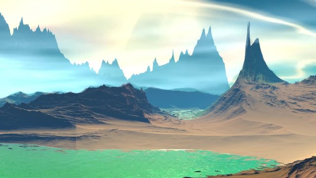 Fantasy alien planet. Rocks and lake. 3d Animation. 4К